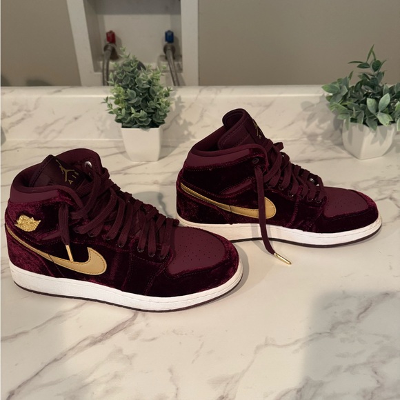 Jordan Maroon and Gold High-Top Sneakers - Picture 2 of 6